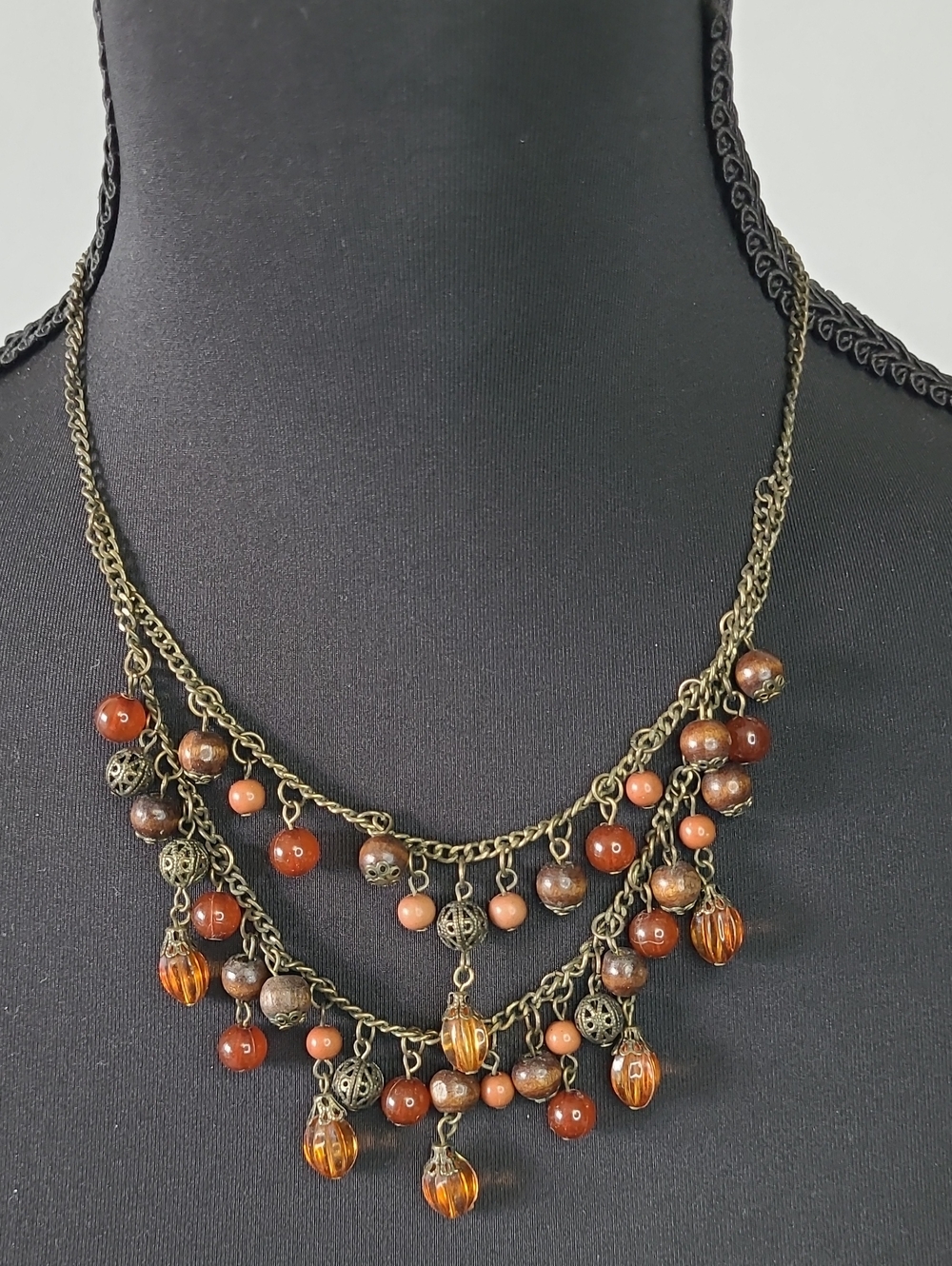 ⭐️ 6/$20 - 230 - Layered Bronze-Tone Beaded Necklace w/ Amber & Brown Beads